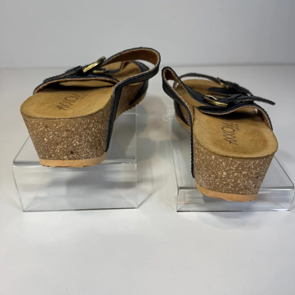 Axxiom Ravine Black Leather Wedge Sandals Slides Women 7M Cork Heel Comfort-core